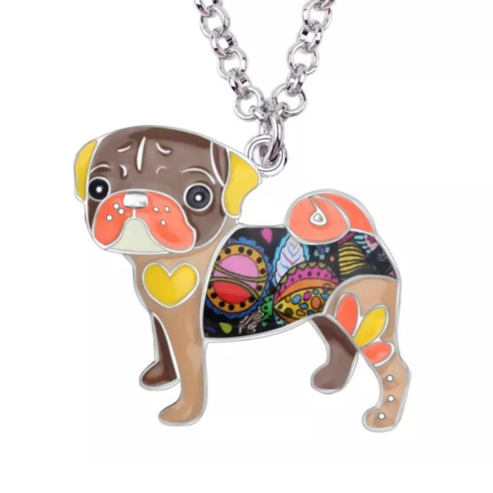 Enamel Pug Dog Puppy Pendant & 316 Stainless Steel Necklace